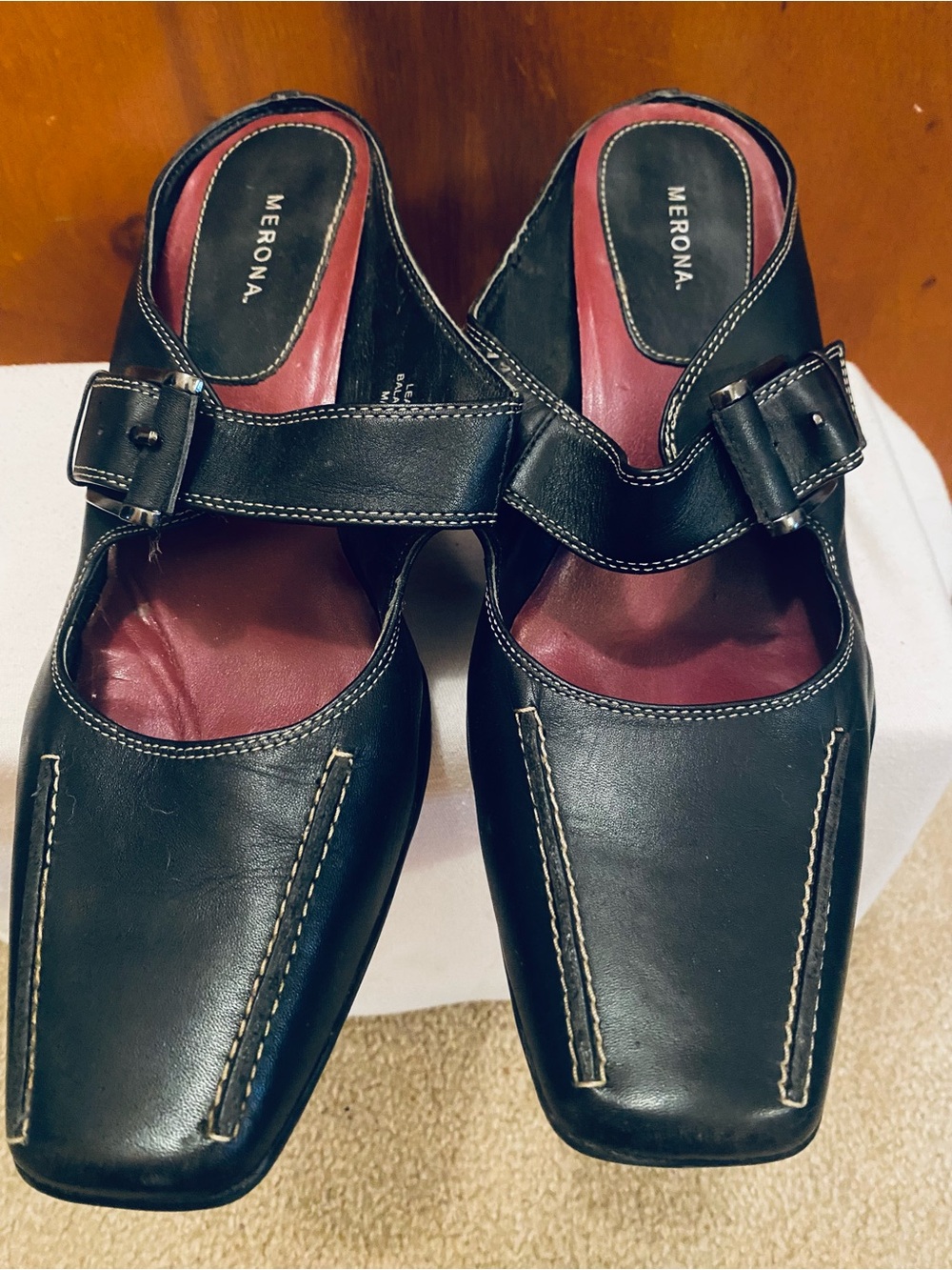 Merona Black Leather Buckle Mules with Burgundy Insole
